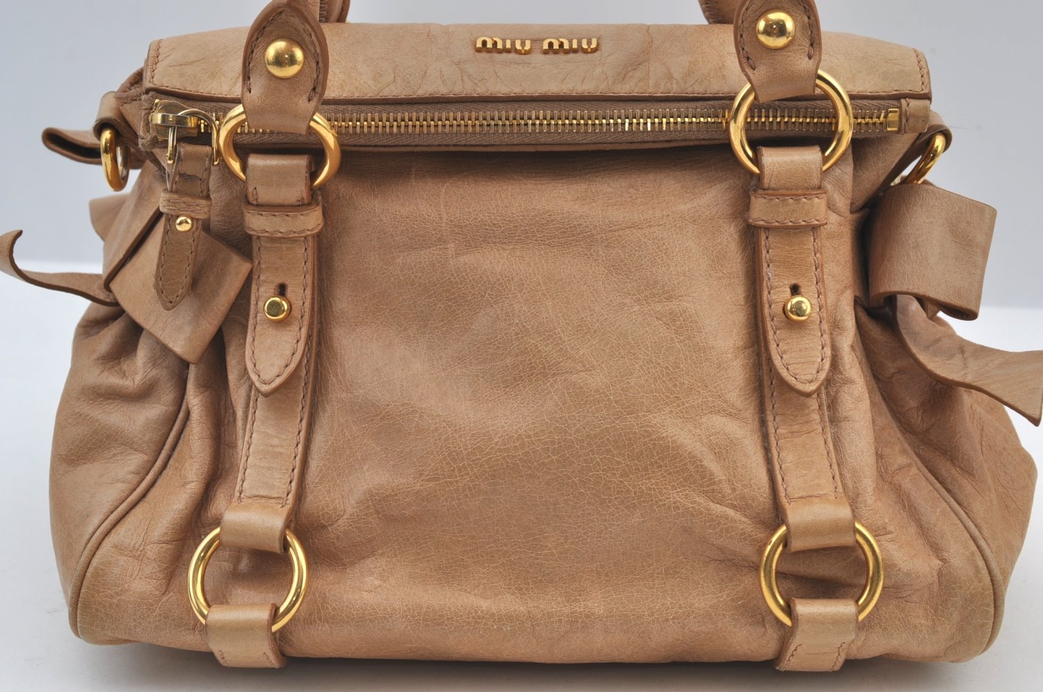 Authentic MIU MIU Ribbon Leather 2Way Shoulder Hand Bag Purse Beige 2550J