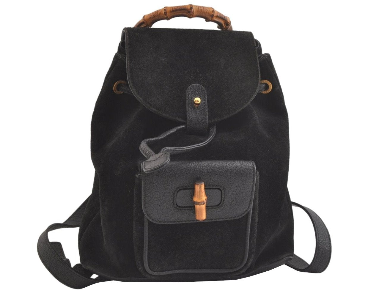 Authentic GUCCI Bamboo Drawstring Backpack Purse Suede Leather Black 2554K