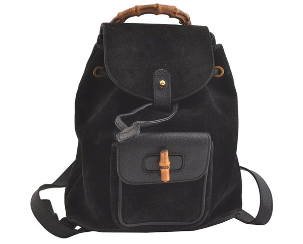 Authentic GUCCI Bamboo Drawstring Backpack Purse Suede Leather Black 2554K