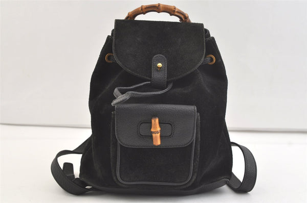 Authentic GUCCI Bamboo Drawstring Backpack Purse Suede Leather Black 2554K