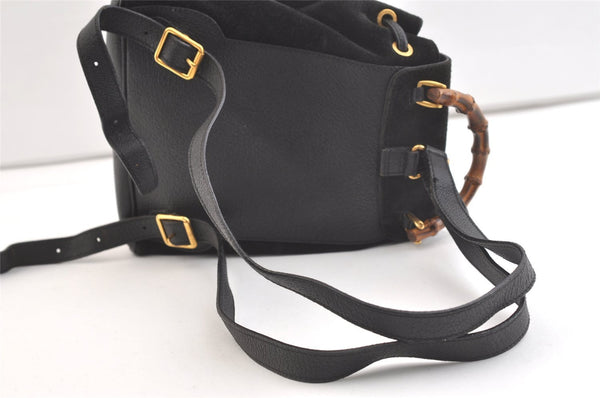 Authentic GUCCI Bamboo Drawstring Backpack Purse Suede Leather Black 2554K