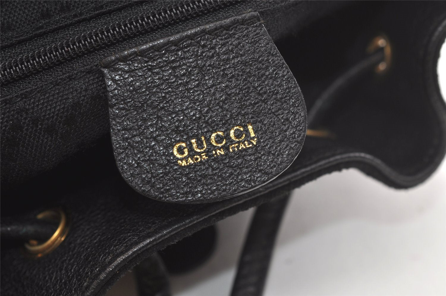 Authentic GUCCI Bamboo Drawstring Backpack Purse Suede Leather Black 2554K