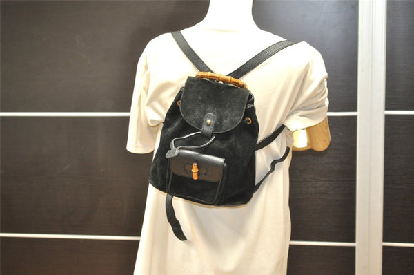Authentic GUCCI Bamboo Drawstring Backpack Purse Suede Leather Black 2554K