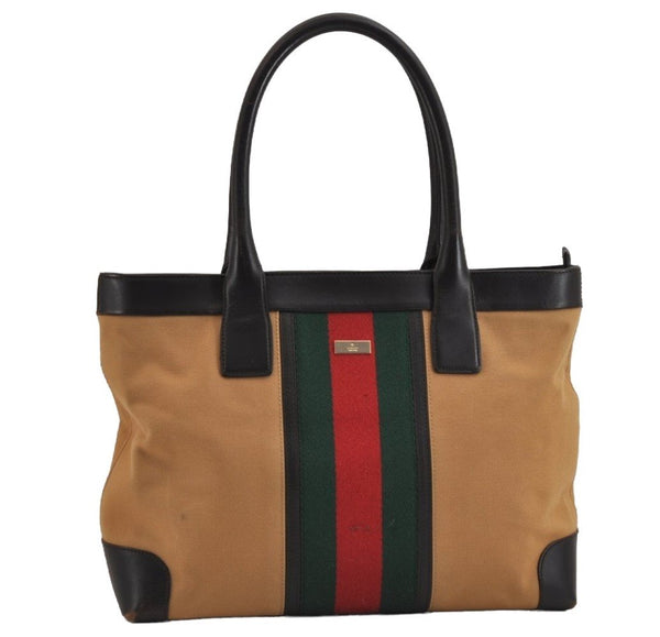 Authentic GUCCI Web Sherry Line Shoulder Tote Bag Canvas Leather Beige 2555J