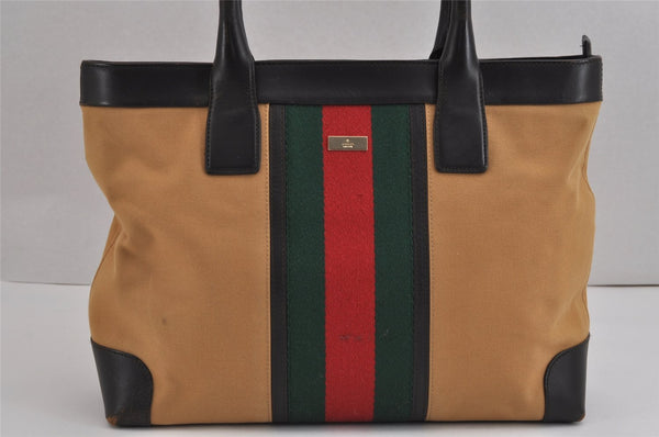 Authentic GUCCI Web Sherry Line Shoulder Tote Bag Canvas Leather Beige 2555J