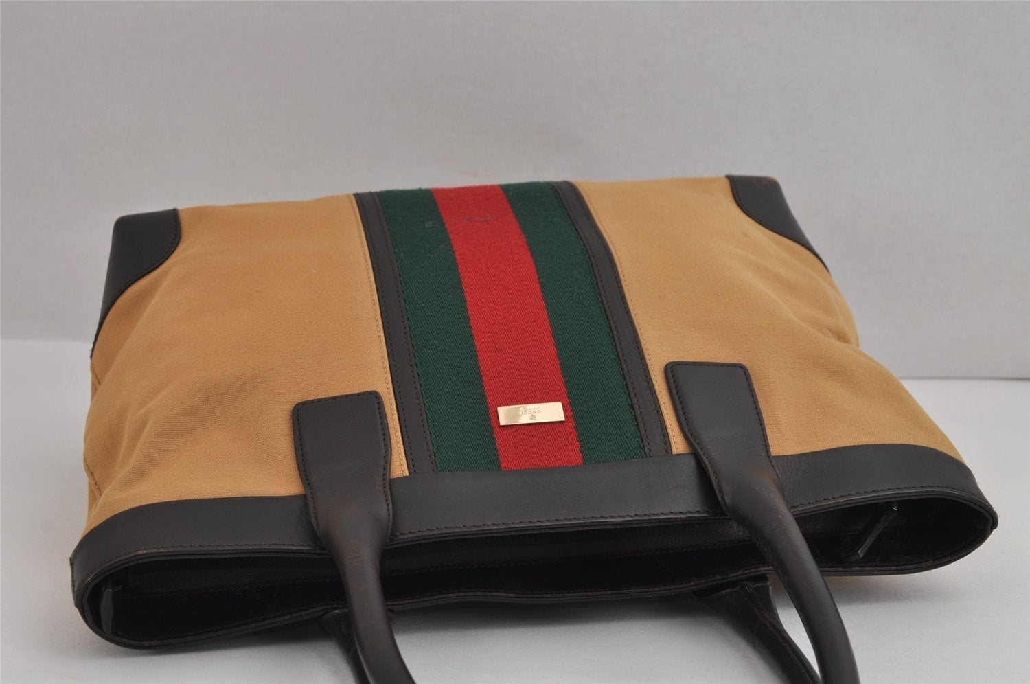 Authentic GUCCI Web Sherry Line Shoulder Tote Bag Canvas Leather Beige 2555J