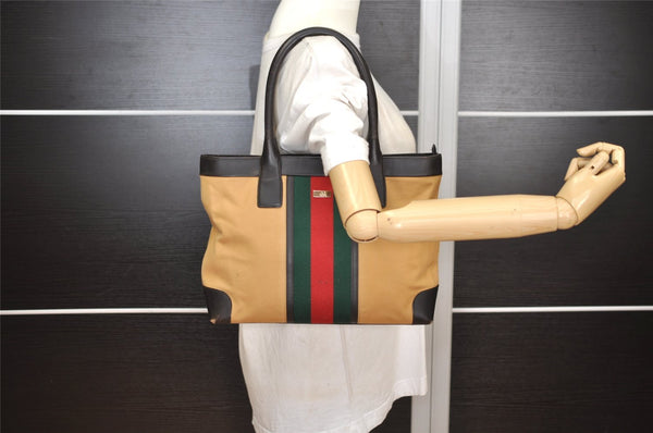Authentic GUCCI Web Sherry Line Shoulder Tote Bag Canvas Leather Beige 2555J