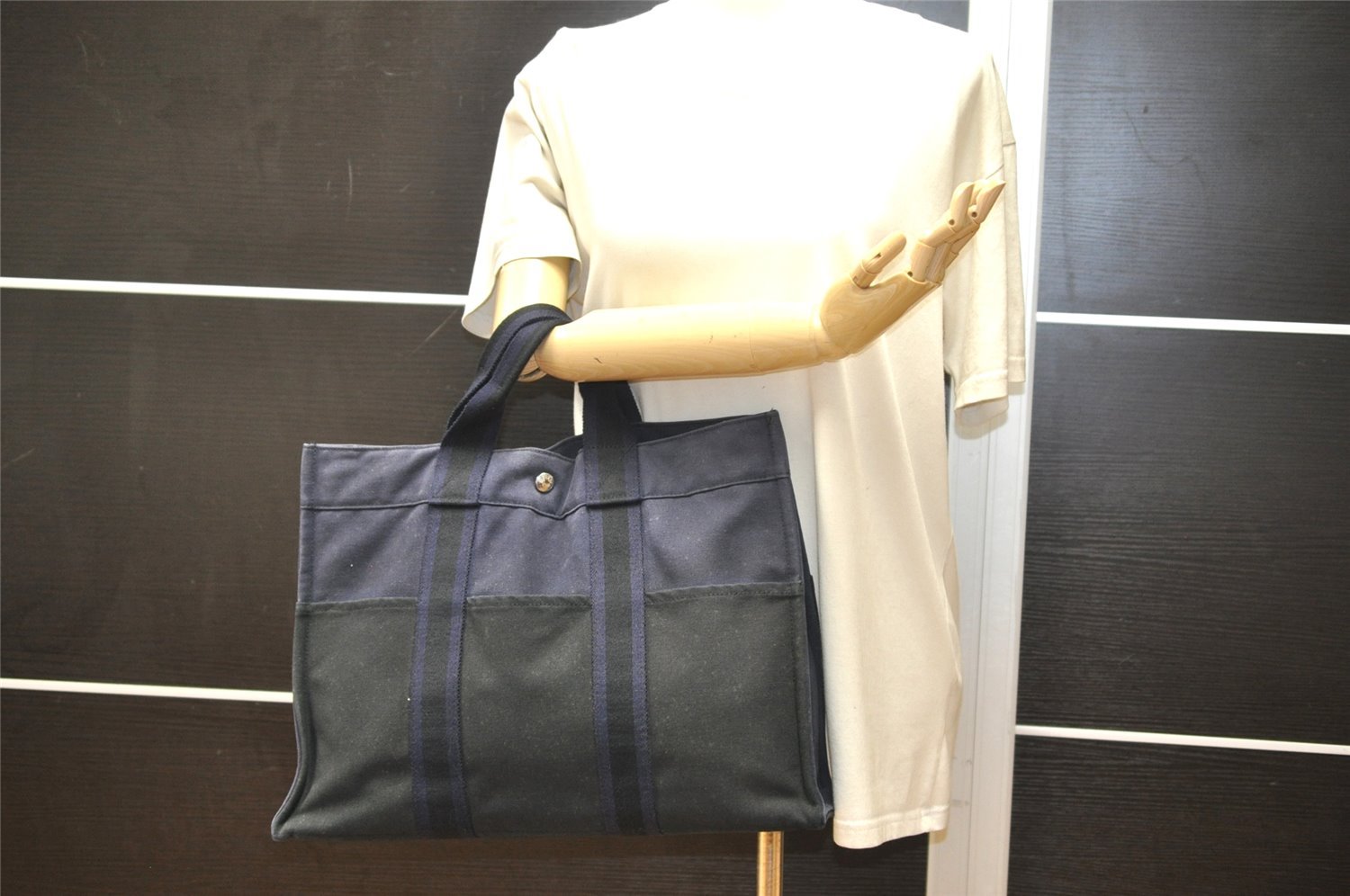 Authentic HERMES Vintage Fourre Tout MM Hand Tote Bag Canvas Navy 2556K