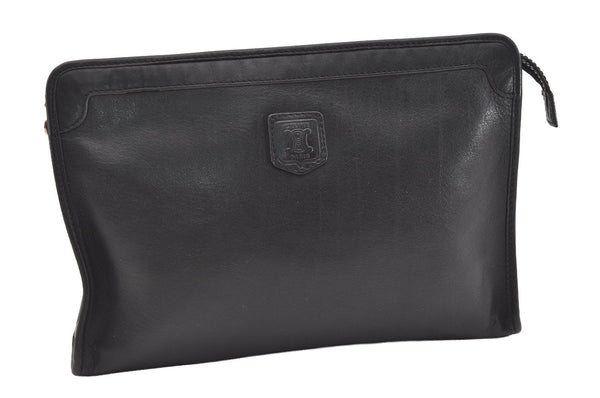 Authentic CELINE Vintage Clutch Hand Bag Purse Leather Black 2557J