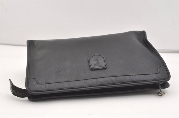 Authentic CELINE Vintage Clutch Hand Bag Purse Leather Black 2557J