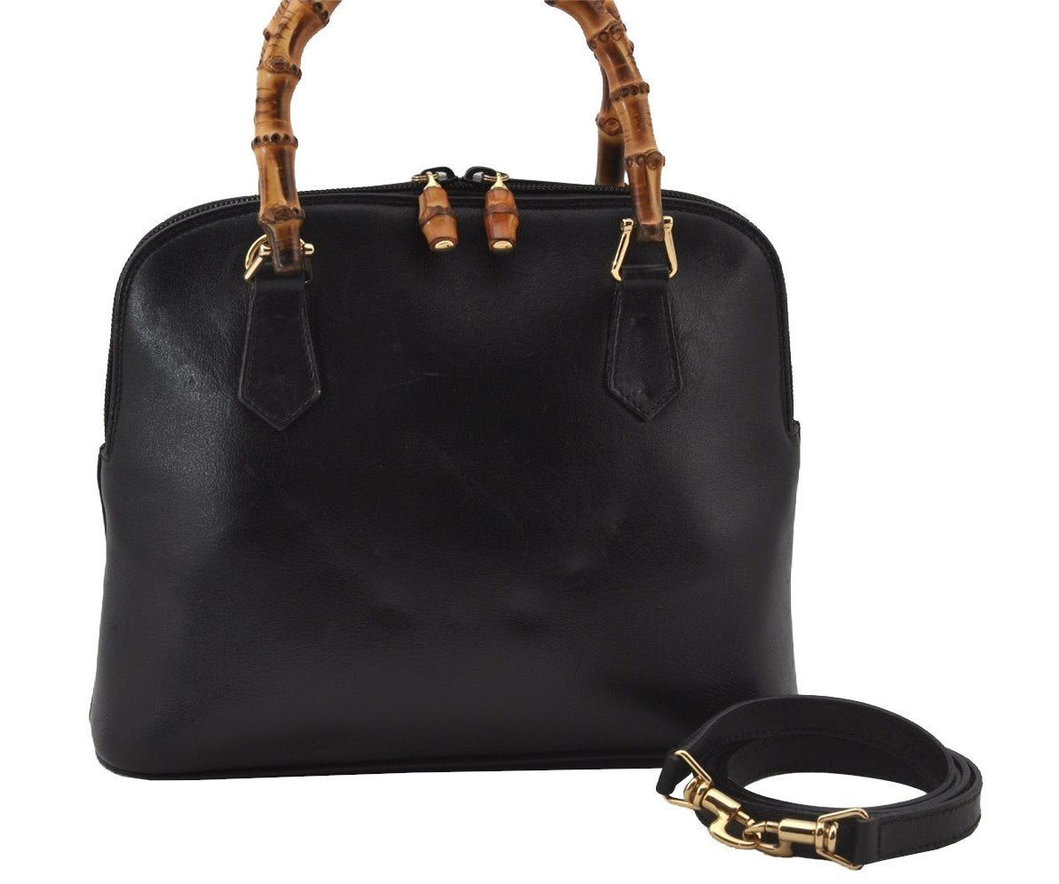 Authentic GUCCI Bamboo 2way Hand Shoulder Cross Body Bag Leather Black 2560J
