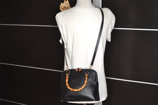 Authentic GUCCI Bamboo 2way Hand Shoulder Cross Body Bag Leather Black 2560J