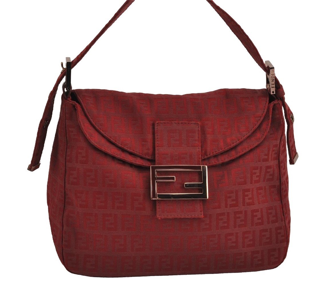 Authentic FENDI Zucchino Mamma Baguette Shoulder Bag Canvas Leather Red 2563J