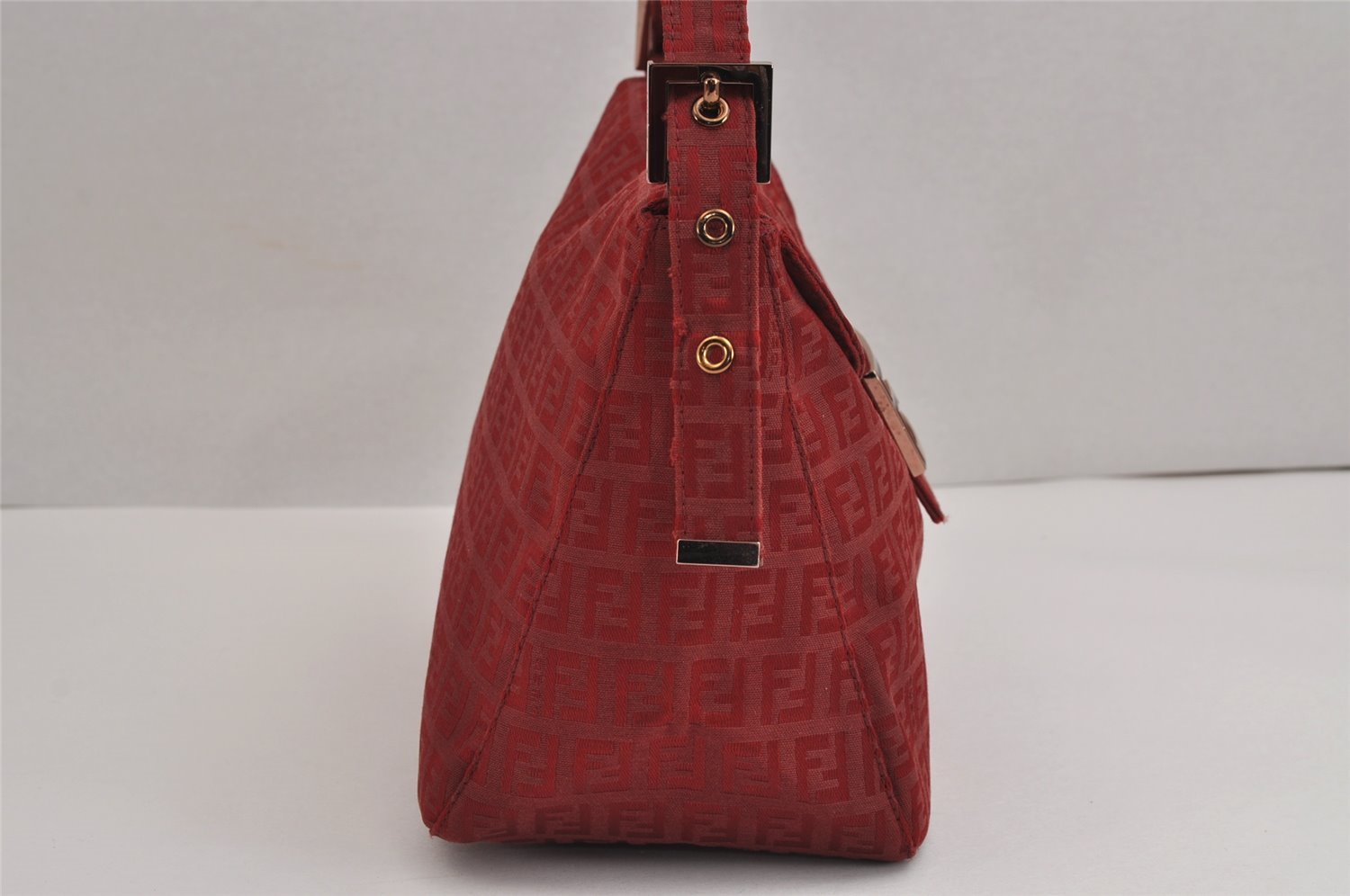 Authentic FENDI Zucchino Mamma Baguette Shoulder Bag Canvas Leather Red 2563J