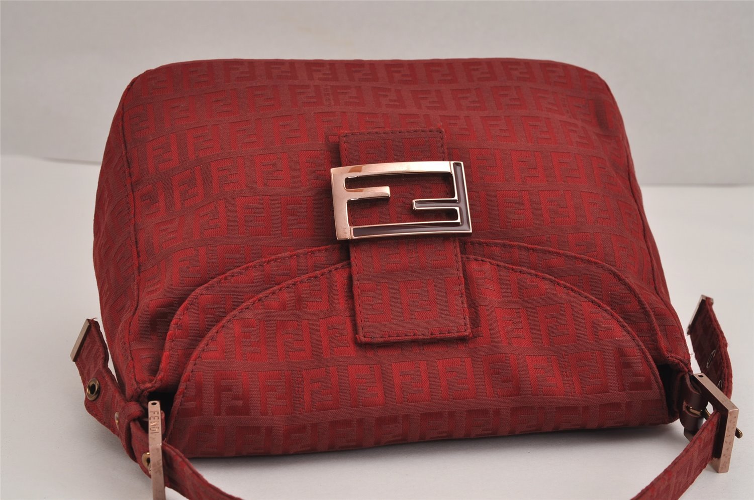 Authentic FENDI Zucchino Mamma Baguette Shoulder Bag Canvas Leather Red 2563J