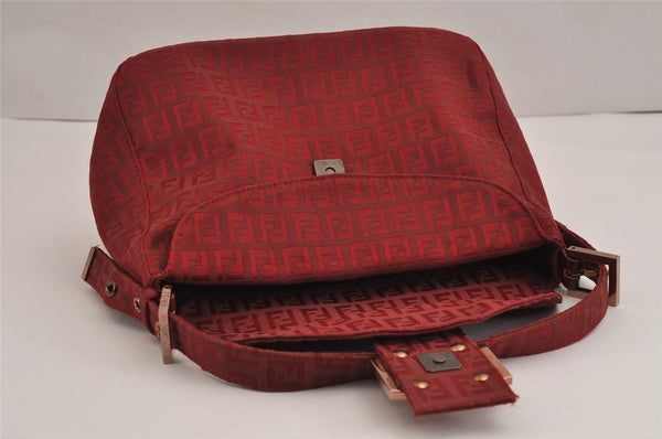 Authentic FENDI Zucchino Mamma Baguette Shoulder Bag Canvas Leather Red 2563J