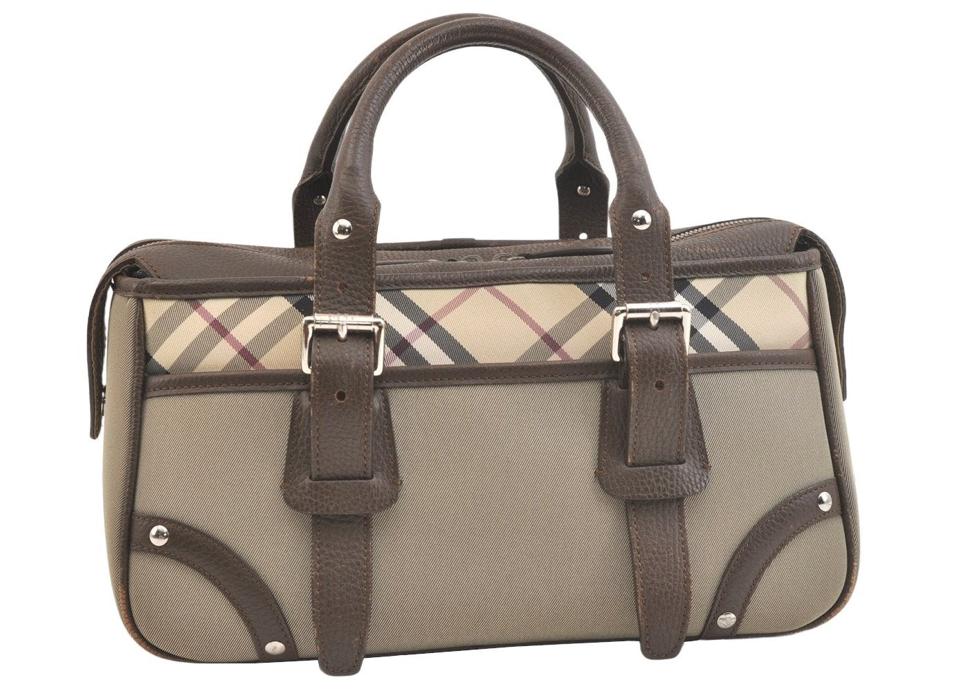 Authentic BURBERRY Vintage Nova Check Nylon Leather Hand Bag Khaki Green 2564K