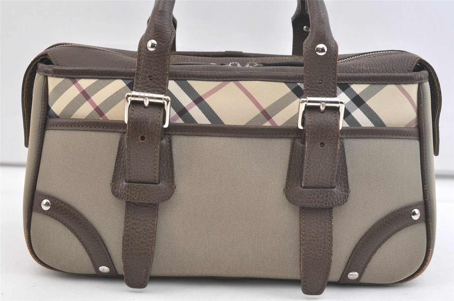 Authentic BURBERRY Vintage Nova Check Nylon Leather Hand Bag Khaki Green 2564K