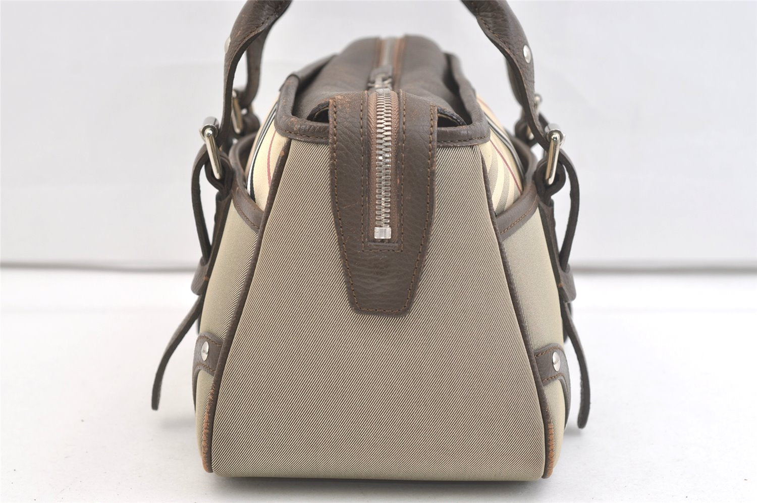Authentic BURBERRY Vintage Nova Check Nylon Leather Hand Bag Khaki Green 2564K