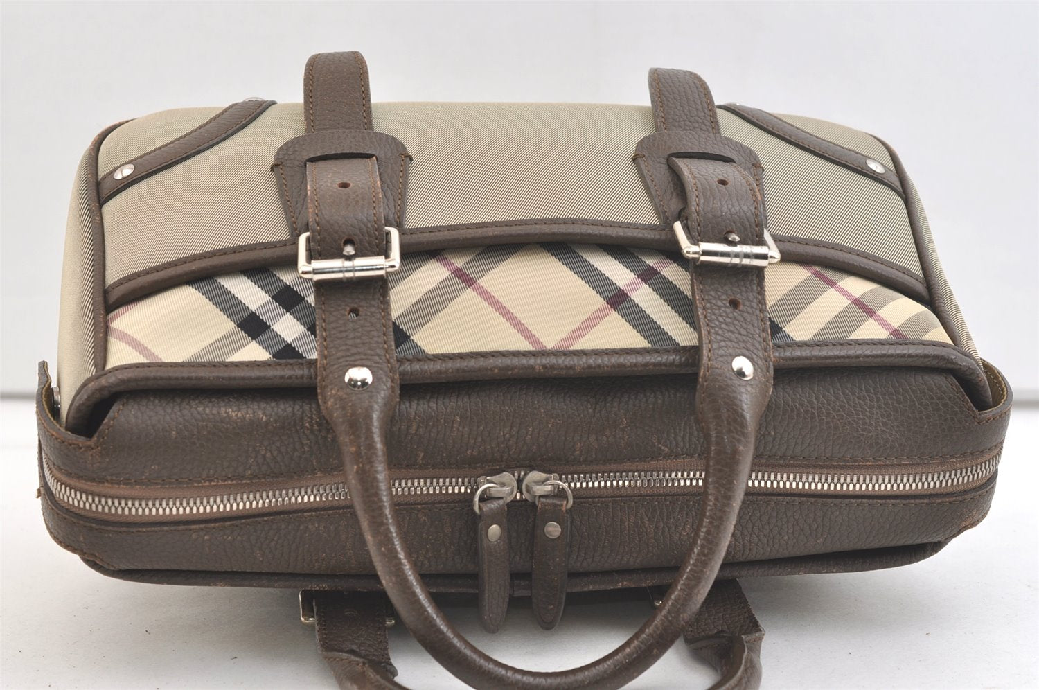 Authentic BURBERRY Vintage Nova Check Nylon Leather Hand Bag Khaki Green 2564K