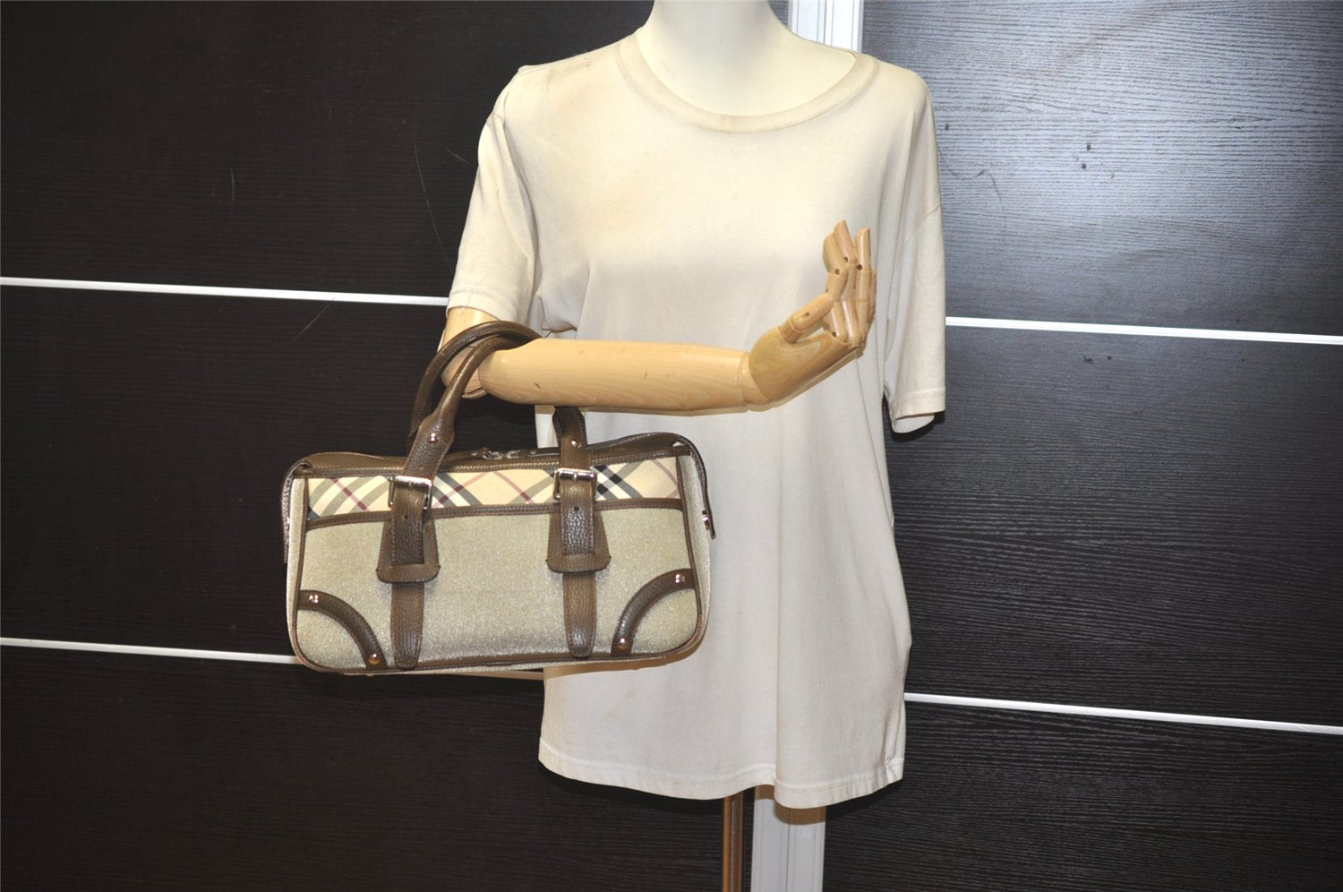 Authentic BURBERRY Vintage Nova Check Nylon Leather Hand Bag Khaki Green 2564K