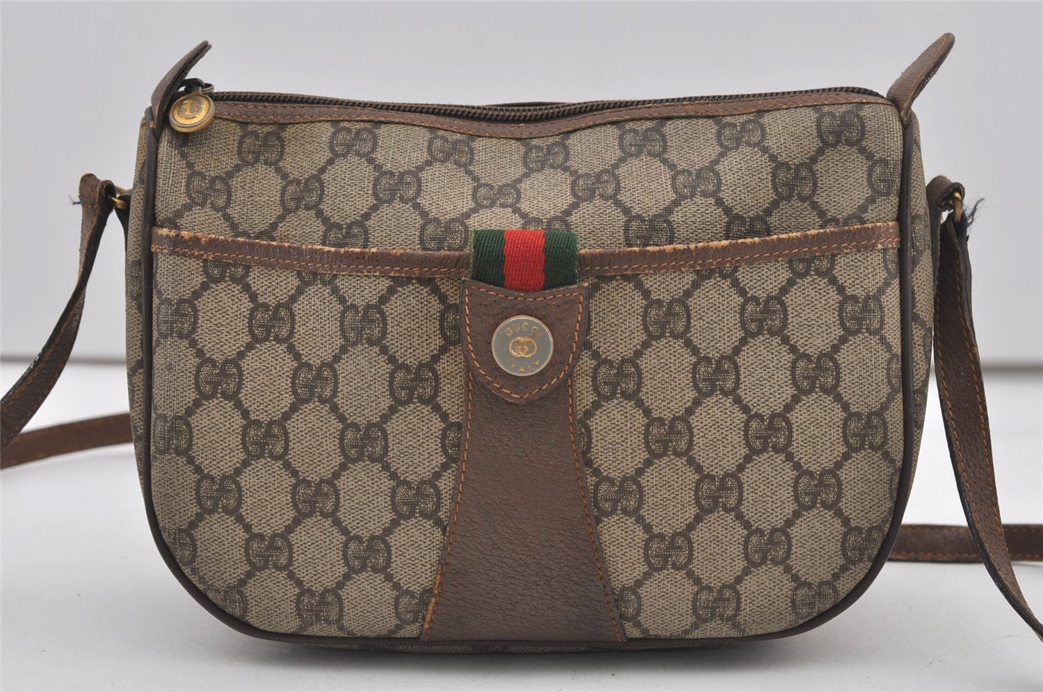 Authentic GUCCI Web Sherry Line Shoulder Cross Bag GG PVC Leather Brown 2576J