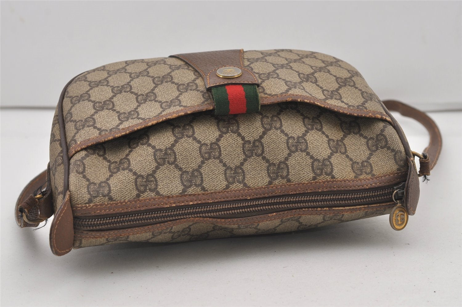 Authentic GUCCI Web Sherry Line Shoulder Cross Bag GG PVC Leather Brown 2576J