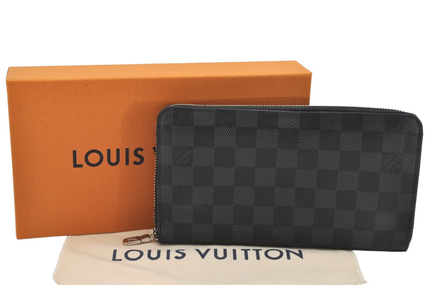 Authentic Louis Vuitton Damier Graphite Zippy Organizer Wallet N63077 Box 2592K