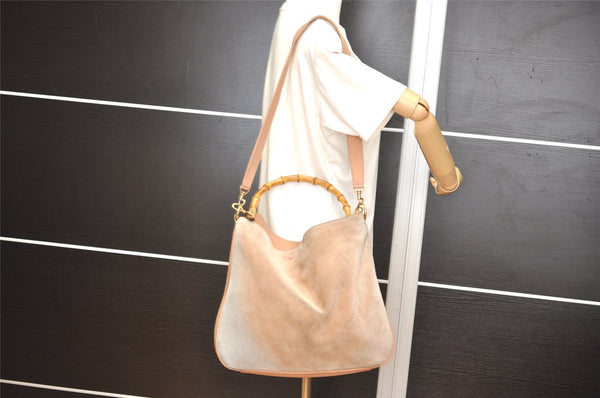 Authentic GUCCI Vintage Bamboo Shoulder Tote Bag Suede Leather Beige Junk 2593I