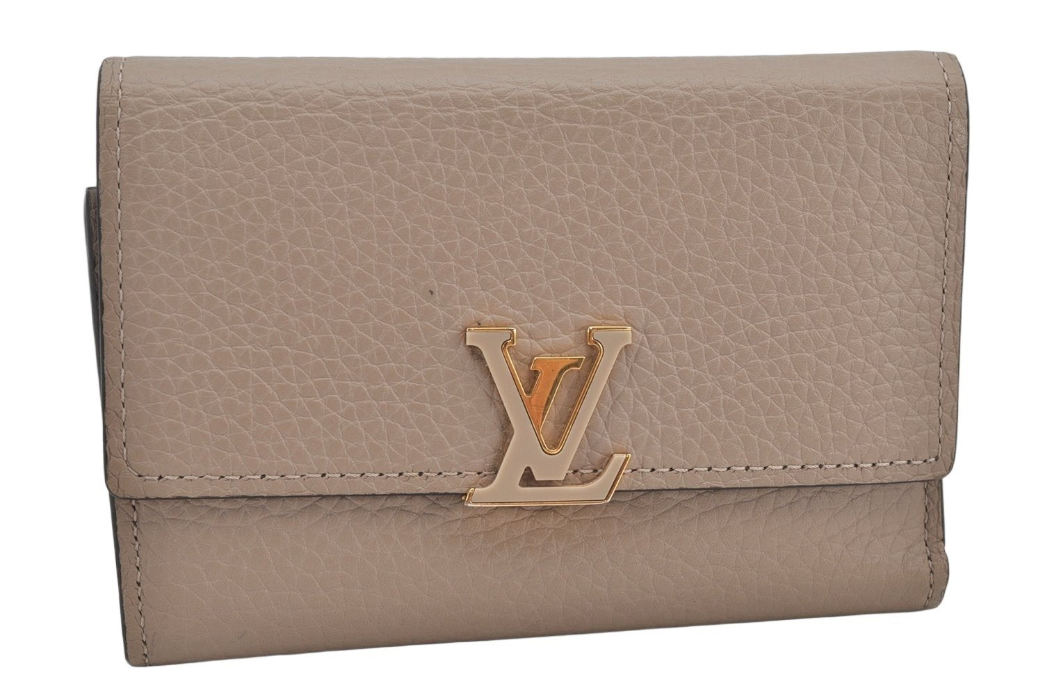 Auth Louis Vuitton Taurillon Portefeuille Capucines Compact Wallet Beige 2593K