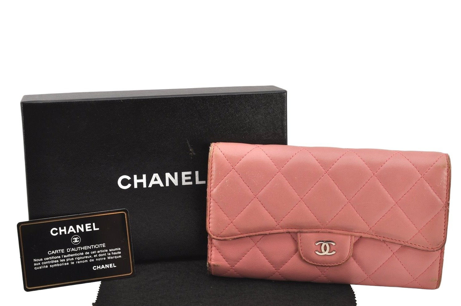 Authentic CHANEL Calf Skin Matelasse Long Wallet Purse CC Logo Pink Box 2599K