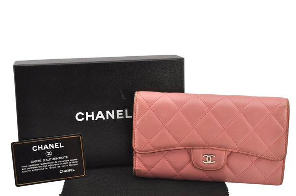 Authentic CHANEL Calf Skin Matelasse Long Wallet Purse CC Logo Pink Box 2599K