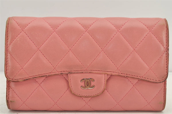 Authentic CHANEL Calf Skin Matelasse Long Wallet Purse CC Logo Pink Box 2599K