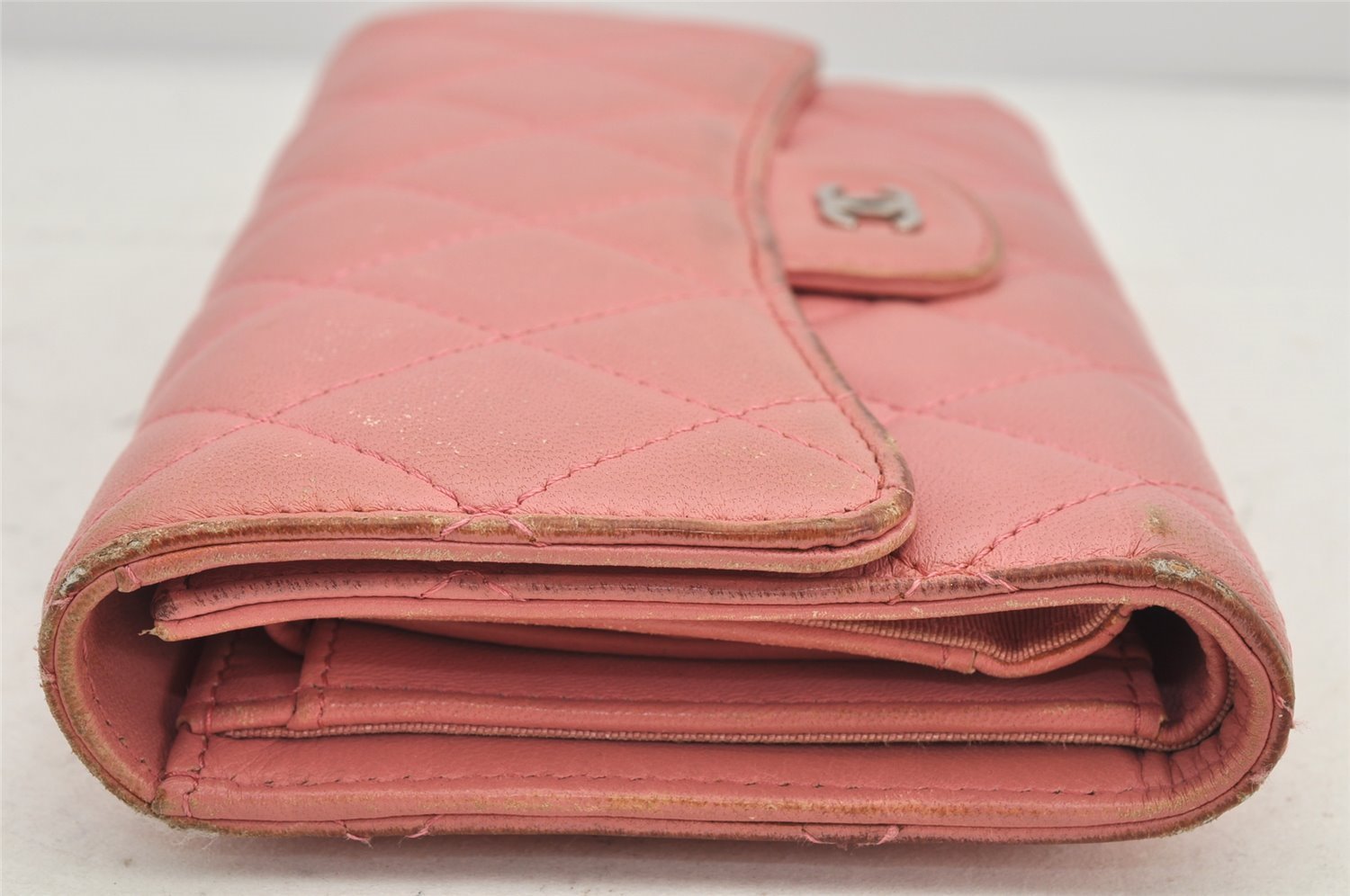 Authentic CHANEL Calf Skin Matelasse Long Wallet Purse CC Logo Pink Box 2599K