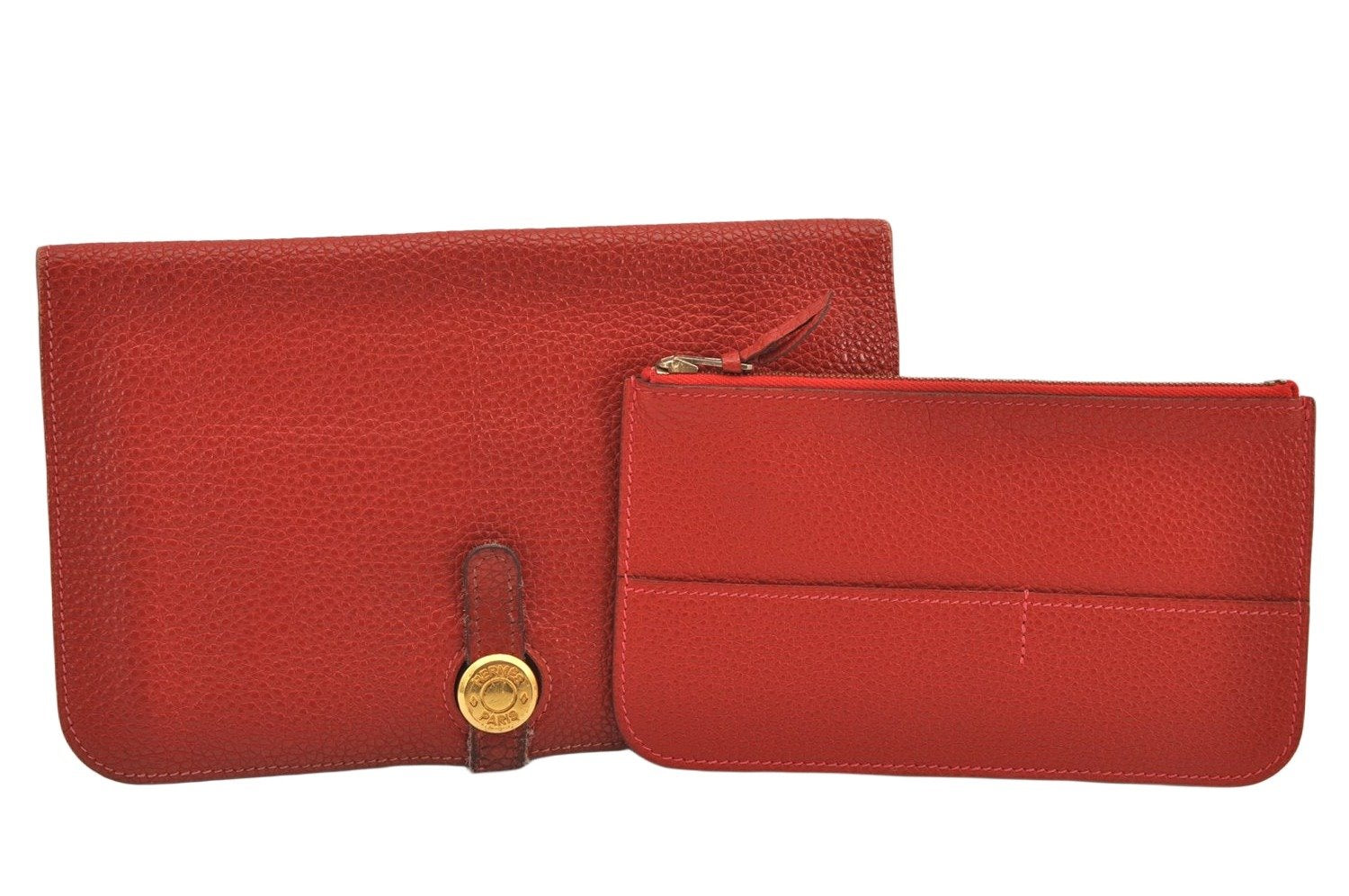 Authentic HERMES Dogon GM Leather Long Wallet Purse Red 2600K