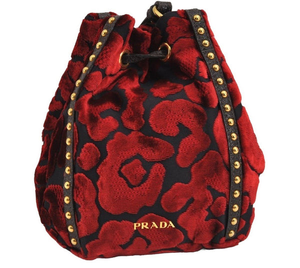Authentic PRADA Studs Velour Leather Drawstring Hand Bag Purse Red Black 2601J