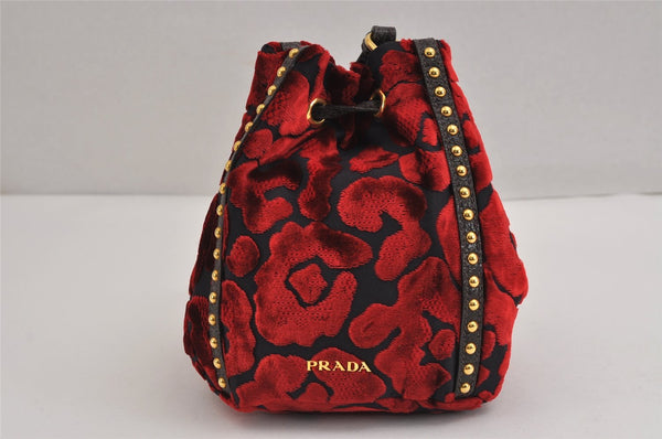 Authentic PRADA Studs Velour Leather Drawstring Hand Bag Purse Red Black 2601J