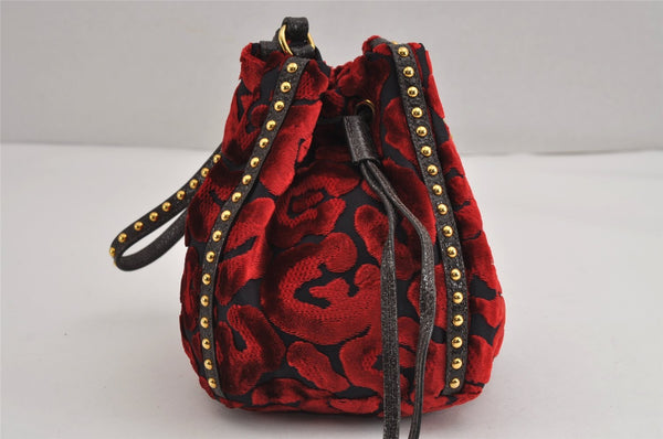 Authentic PRADA Studs Velour Leather Drawstring Hand Bag Purse Red Black 2601J