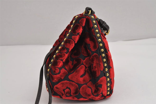 Authentic PRADA Studs Velour Leather Drawstring Hand Bag Purse Red Black 2601J