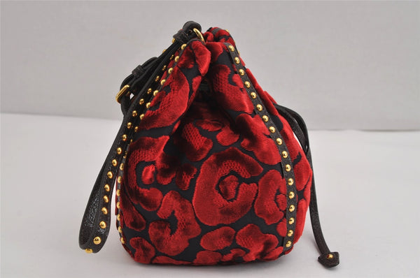 Authentic PRADA Studs Velour Leather Drawstring Hand Bag Purse Red Black 2601J