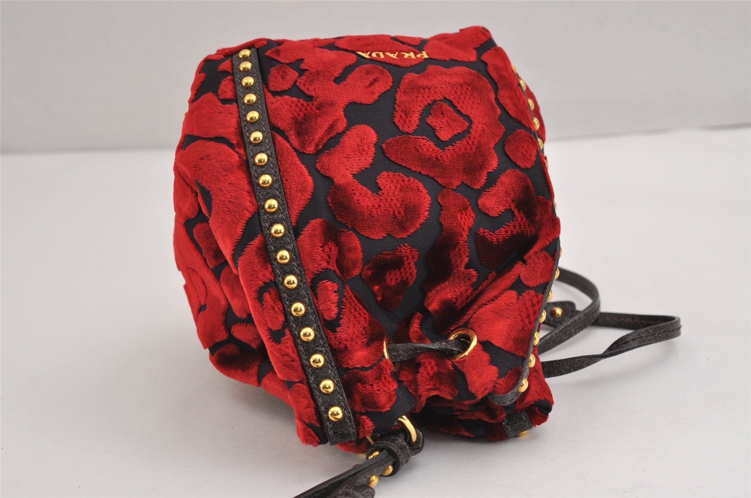 Authentic PRADA Studs Velour Leather Drawstring Hand Bag Purse Red Black 2601J