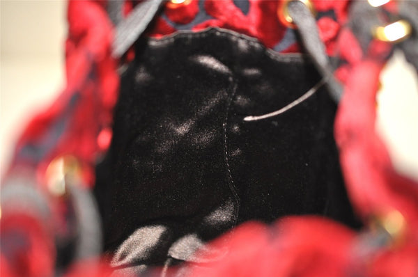 Authentic PRADA Studs Velour Leather Drawstring Hand Bag Purse Red Black 2601J