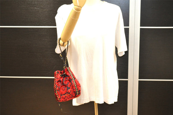 Authentic PRADA Studs Velour Leather Drawstring Hand Bag Purse Red Black 2601J