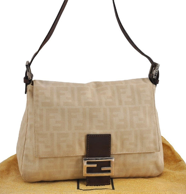 Authentic FENDI Zucca Mamma Baguette Shoulder Bag Canvas Leather Beige 2603J