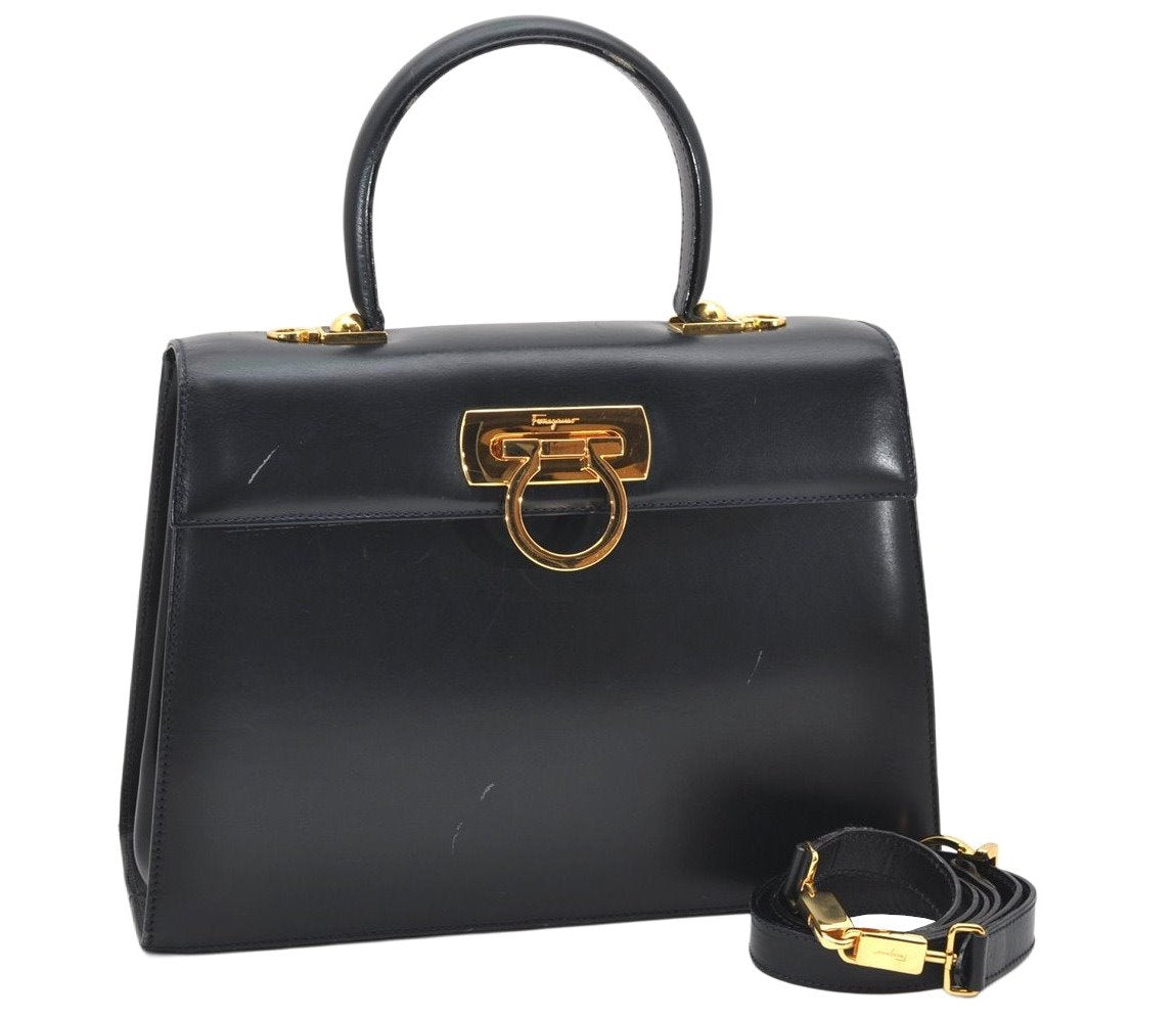 Authentic Salvatore Ferragamo Gancini Leather 2Way Shoulder Hand Bag Navy 2604K