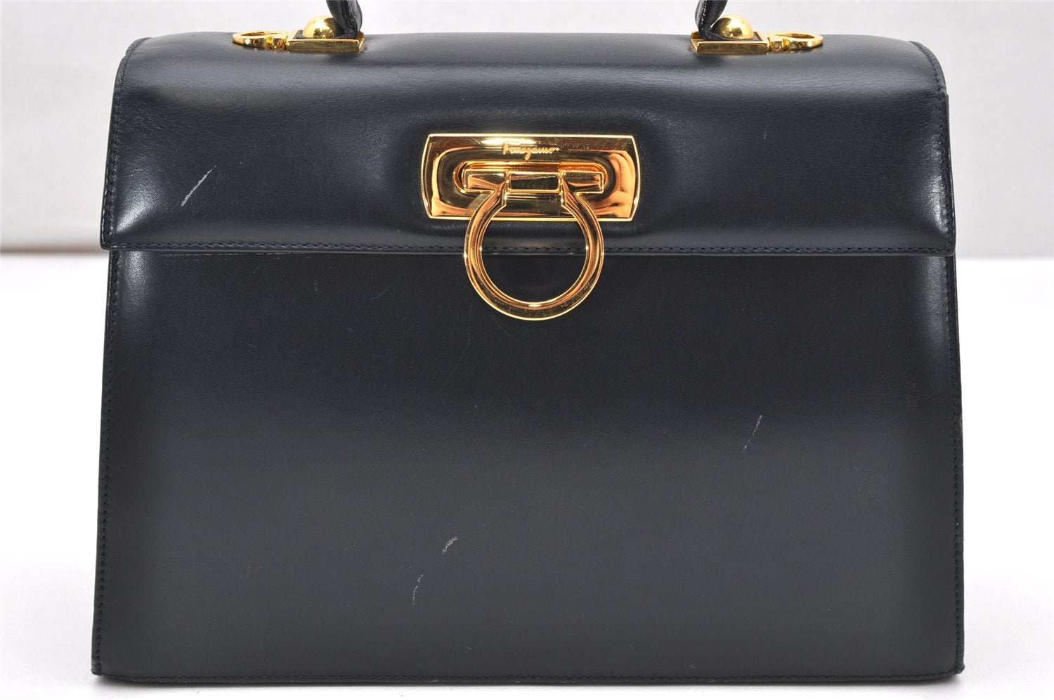 Authentic Salvatore Ferragamo Gancini Leather 2Way Shoulder Hand Bag Navy 2604K