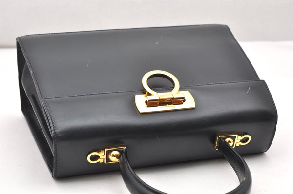 Authentic Salvatore Ferragamo Gancini Leather 2Way Shoulder Hand Bag Navy 2604K