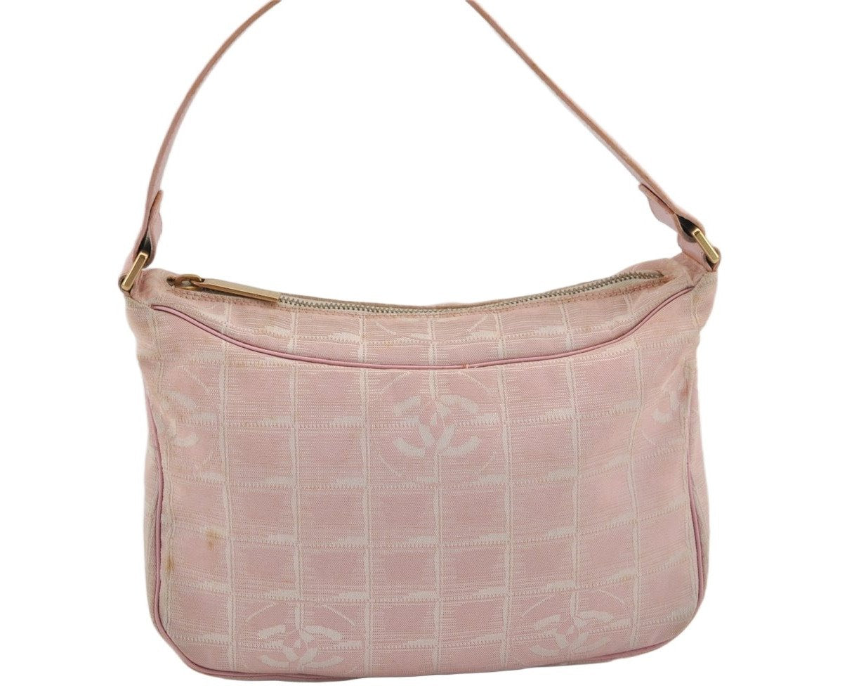 Authentic CHANEL New Travel Line Shoulder Hand Bag Nylon Leather Pink 2605K