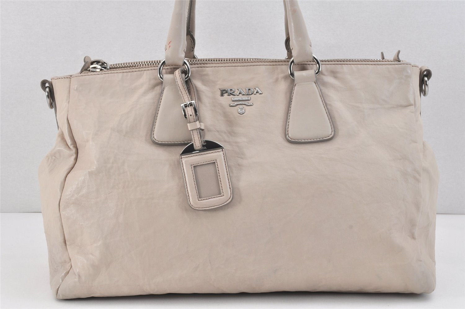 Authentic PRADA Vintage Leather 2Way Shoulder Hand Bag Light Gray 2608K