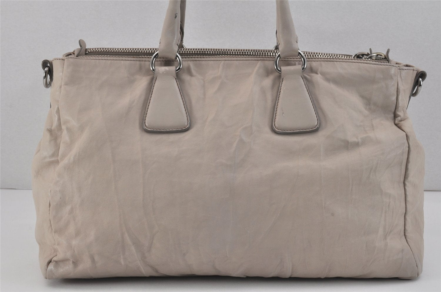 Authentic PRADA Vintage Leather 2Way Shoulder Hand Bag Light Gray 2608K